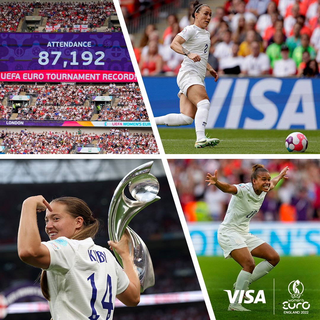 Yes, it really happened! 🏆

87,192 cheered on at Wembley and over 17.4m watched the final on TV, smashing previous records! Let’s keep the support going, because When More of us Play, All of us Win!

Visa is a proud sponsor of the UEFA Women’s EURO 2022™ 

#WEURO2022 @WEURO2022