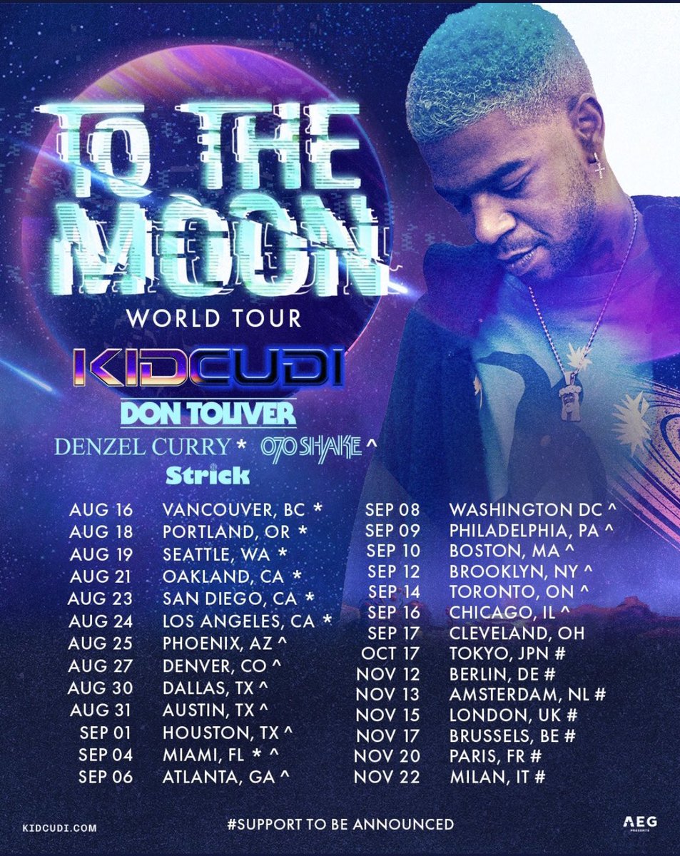 CudiZoners's tweet photo. This month marks the beginning of @KiDCuDi’s “To The Moon” World Tour alongside Don Toliver, Denzel Curry, 070 Shake, Strick, and more!

Where are you going to see him perform? ✨ https://t.co/00UBEf0Gs8