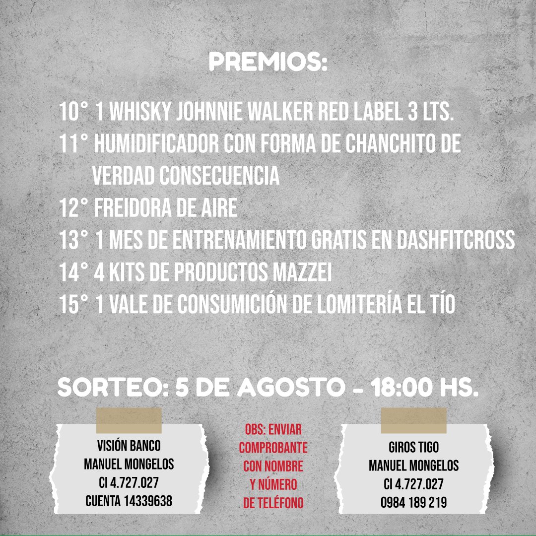 ¡Llegamos a la semana final! Este viernes a las 18 hs se realiza el sorteo de la rifa a través de mi cuenta en instagram <a href="/xmongelos/">Manuel Mongelos</a>.
Ayudame con comparitendo este tweet para llegar a la meta.
<a href="/oscar_marandu/">Oscar H. Acosta C.</a> <a href="/Santula/">Santiago González</a> <a href="/menchibarriocan/">mercedes barriocanal</a> @GianniJew 
wa.me/595984189219