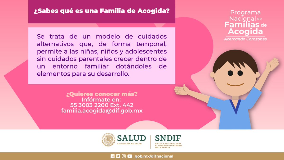 DIF_NMX's tweet photo. ¿Ya conoces el Programa Nacional de #FamiliasDeAcogida? 
A través de éste, el #SNDIF trabaja para restituir el Derecho a #VivirEnFamilia de Niñas, Niños y Adolescentes.

📲 Visita: https://t.co/hsVKYKi09z https://t.co/fAaI8UU62R