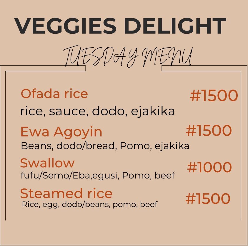 Veggies_delight's tweet photo. Good afternoon Tweeps!!!
I’m ow taking orders for lunch tomorrow.
Location #ibadan.

https://t.co/w5mXQg8YKu.
Please retweet and patronize me. https://t.co/0XWznSFKLl