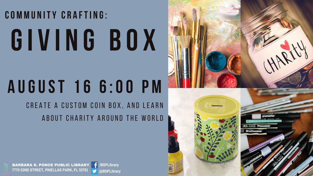 BSPLibrary's tweet image. There still is ONE SPOT left for Tuesday's 6 pm #CommunityCrafting: Giving Box. Don't miss out! Call @BSPLibrary today, 727-369-0667 to sign up and join in the fun.