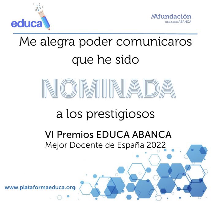 SrtaMercheA's tweet photo. Pues sí, es real, estoy nominada a los premios educa abanca. Sigo sin creer que es así porque son unos premios muy prestigiosos pero estoy contenta de que mi nombre figure entre los nominados de toda España. ¿Qué más se puede pedir? Gracias por el apoyo y por todos los mensajes. https://t.co/c2A8e7Kle0
