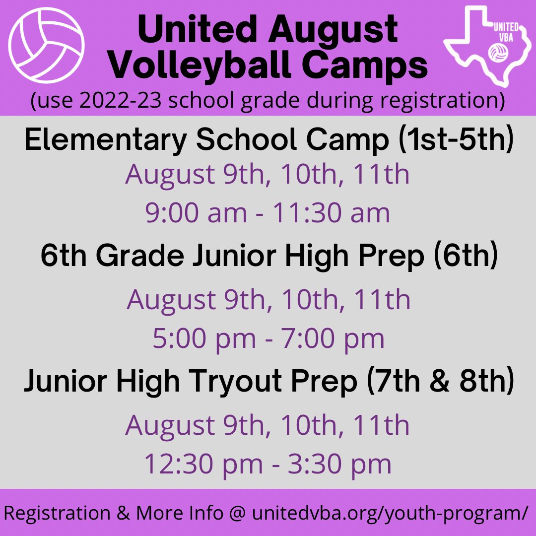 UnitedVba's tweet photo. Sign up today for our August Camps!! 💜🙌 Open for Elementary-Junior High Grades…we can’t wait to see you. More information and registration found at https://t.co/2j8BSixMMb 🏐 #unitedvba #youthvolleyball #clubvolleyball #tryoutprep #middleschoolvb https://t.co/2OE3S1gyg9
