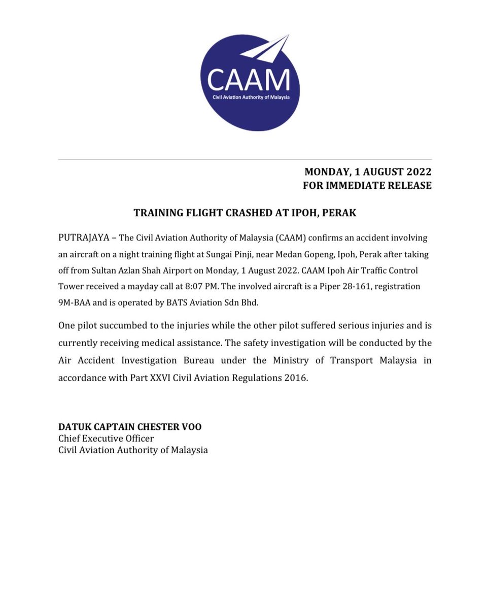 CAA_Malaysia's tweet photo. 📝 Kenyataan Media - 1 OGOS 2022
Pesawat Latihan Terhempas di Ipoh, Perak
📝 Press Statement - 1 AUGUST 2022
Training Flight Crashed At Ipoh, Perak
#TeamCAAM
#FlightCrashed https://t.co/xo4jGptAdi