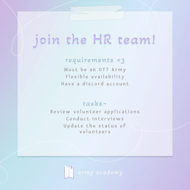 armyacademics's tweet photo. Hello ARMY 💜

We are currently organising our team. So, If you are willing to be the part Army Academy “HR” Team check the link given below. We’d love to have you in our team 🥺

Teamwork makes the dream work ⟬ ⟭ ⟭⟬ 

🔗 link : https://t.co/4KlV0MoYM0 https://t.co/zmMheLf9NF
