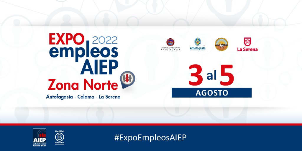 AIEP's tweet photo. Seguimos nuestro recorrido virtual por Chile y ahora vamos con la #ExpoEmpleosAIEP #ZonaNorte. 🤩
Si estás buscando #pega, y eres de #Antofagasta, #Calama o #LaSerena no te pierdas esta oportunidad. 😎
Inscríbete en → https://t.co/w6GDAkrec1 https://t.co/7XCc3SfFY3
