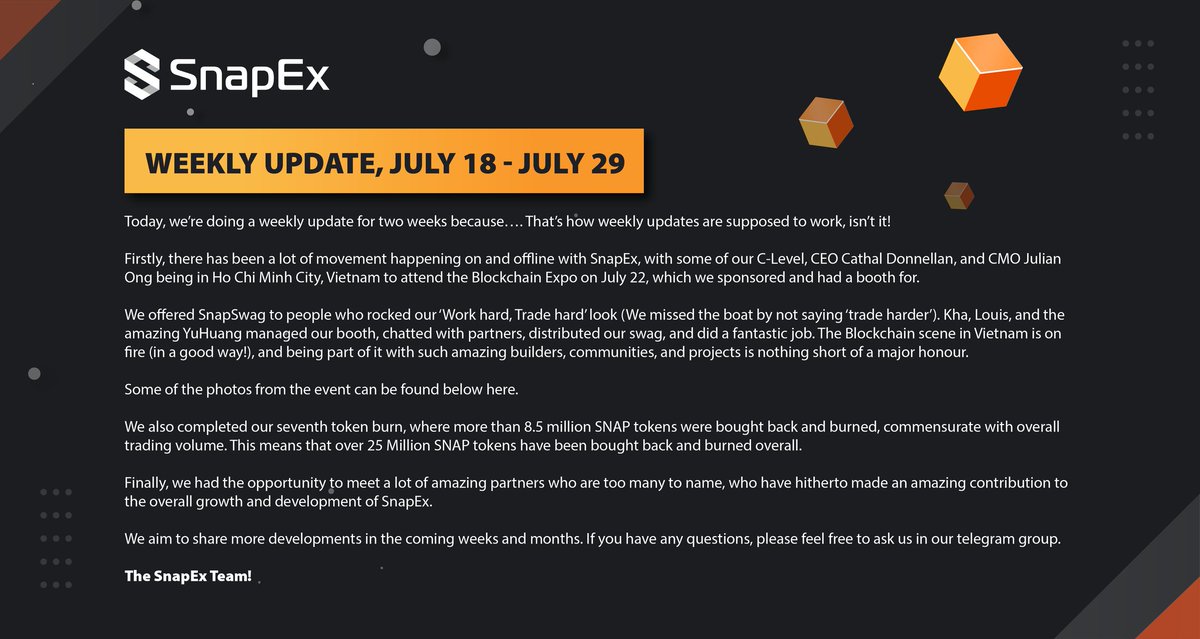 snapexofficial's tweet photo. 🔥7th token burn
🇻🇳 Blockchain summit 
🤝 Partner meet ups

Lots of developments at SnapEx this week, check out the article below for more information 👇👇👇 https://t.co/XFXHS5r98w
