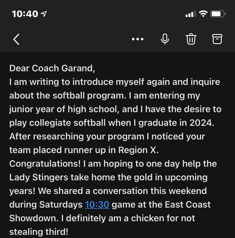 CoachBGarand's tweet photo. What an email! 🤩🥎RECRUITS, this is what you need to be doing! Take notes on all the little details. She’s up early sending emails after a long weekend of playing ball and did her homework. If you’re not writing emails like this, you should be!!! https://t.co/JcvDXIENku