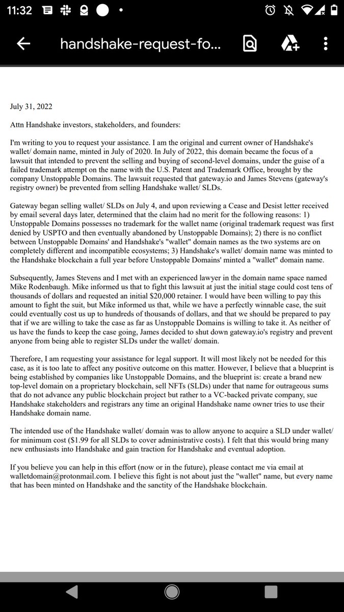 .<a href="/unstoppableweb/">Unstoppable Domains</a> is throwing its weight to bully the little guys, starting w/ <a href="/HNS/">Handshake</a> TLD owners. It's not unthinkable to extrapolate that once they've knocked down .wallet, that they'll go after every valuable domain name not just in $HNS but <a href="/ensdomains/">ens.eth</a> as well.