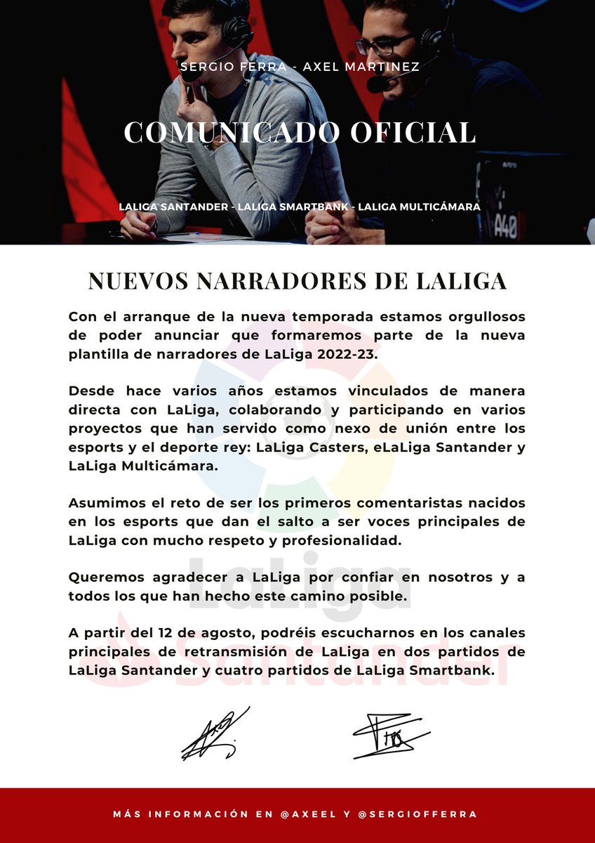 AxeeL's tweet photo. El salto al siguiente nivel.

¡De cara a esta temporada 2022/23 voy a ser narrador principal de LaLiga Santander y LaLiga Smartbank! 

Junto a @SergioFFerra, seremos los dos primeros comentaristas nacidos en los esports que dan el salto a la señal oficial y principal.

SEGUIMOS! https://t.co/56oRfWrtzs