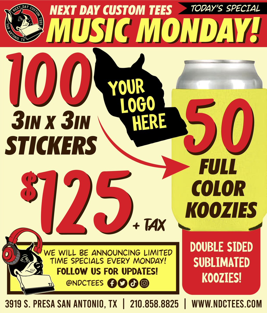 ndctees's tweet photo. 🚨MUSIC MONDAY SPECIAL IS LIVE! 100 3in stickers plus 50 full color sublimated koozies for $125 (+ tax) Email us at nextdaycustomtees@gmail.com to get your order started! TODAY ONLY!
#deals #stickers #koozies #comboloco https://t.co/tXejtpVs3U