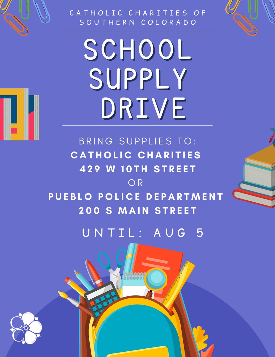 CCSoCo is hosting a school supply drive!
Please bring supplies to Catholic Charities at 429 W 10 Street or to the Pueblo Police Department at 200 S Main Street!
You can also purchase supplies from our amazon wishlist &amp; ship directly to Catholic Charities! bitly.ws/t7Cj