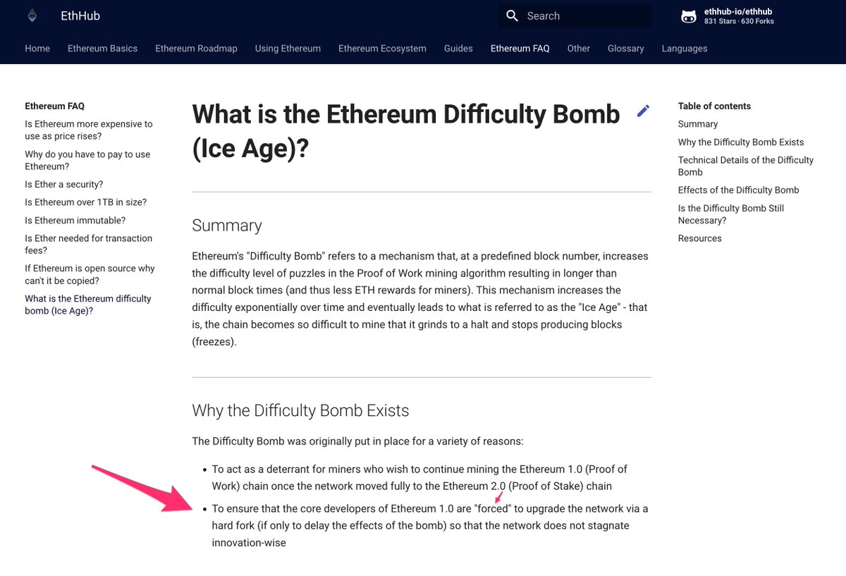 [THREAD] Ever wonder how the Ethereum Foundation can run Ethereum like a software company and centrally navigate its decade-long roadmap? Its secret sauce is the Difficulty Bomb💣, which coerces both miners and users into "official" upgrades