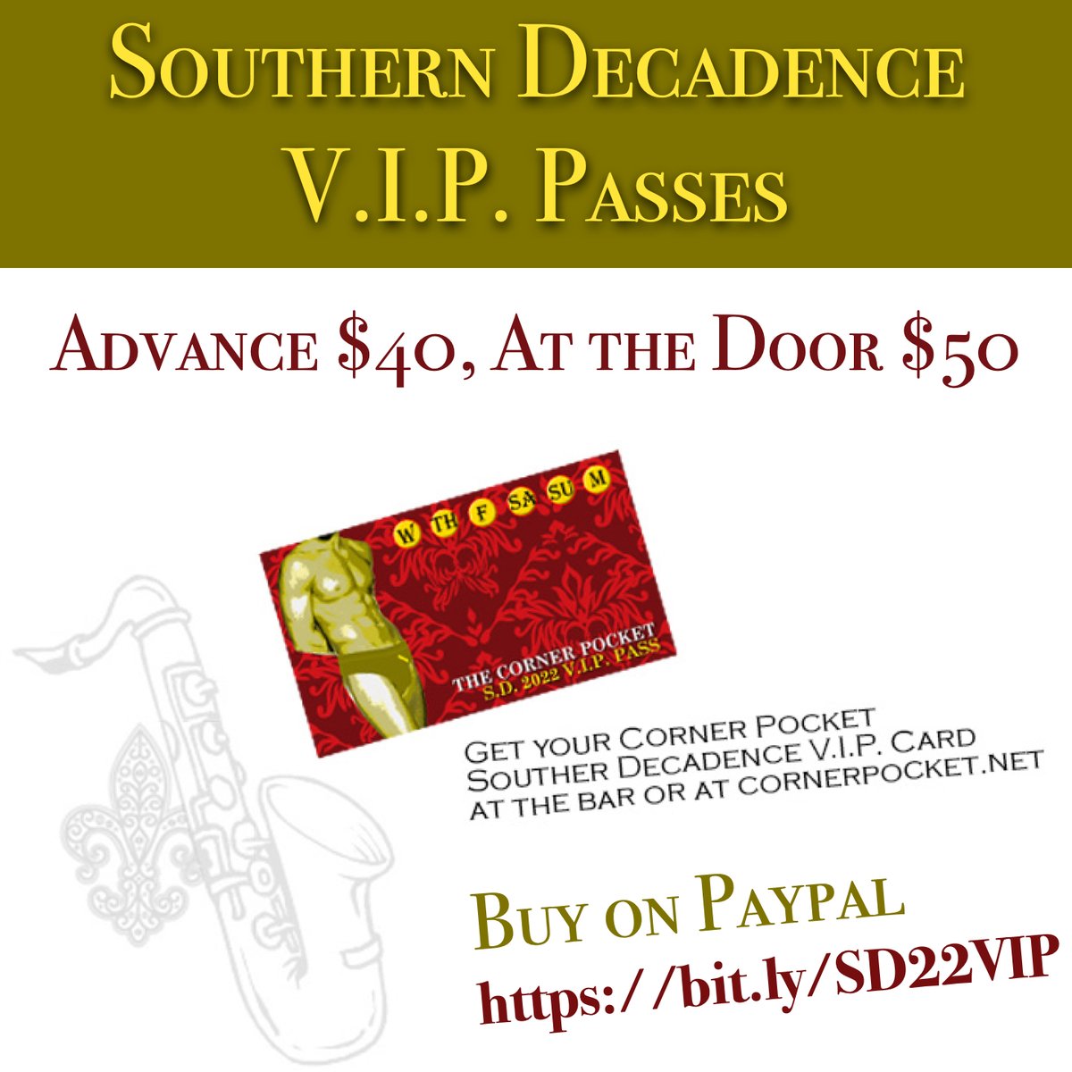 cornerpocketno's tweet photo. Southern Decadence V.I.P. passes  now available for 7 nights of fun from Aug31-Labor Day. Wet Jockey Shorts Contest Wed night. Boys dancin' on the bar daily from 3PM until starting Thurs. VIP: no waiting in line, special perks. Buy on Paypal $40 in advance https://t.co/R6N3A2AQXB https://t.co/7fG2Mu5q2m