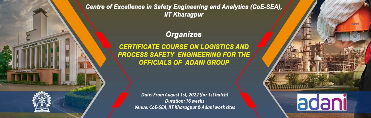 IITKgp's tweet photo. #CoESEA @IITKgp organizes #NewCertificationCourse on #Logistics & #ProcessSafetyEngineering for the officials of @AdaniOnline Group. 16 weeks programme starts from 01 AUG 22 & the venue is #CoESEA @IITKgp & Adani work sites.
@EduMinofIndia @dpradhanbjp @Drsubhassarkar @PMOIndia https://t.co/vAgSE8qA3H