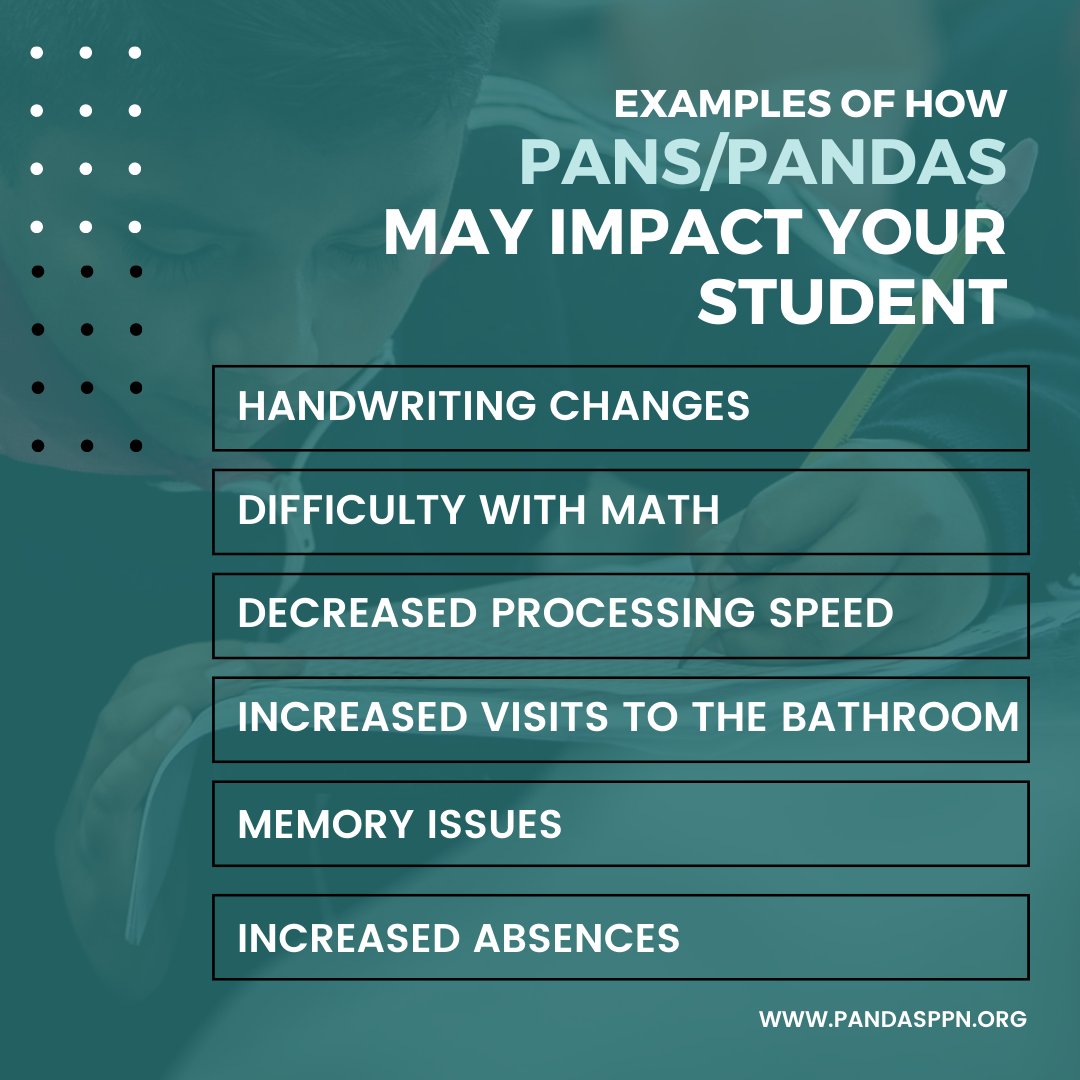 PANDASPPN's tweet photo. PANS/PANDAS may impact a student's performance at school. The gravity of symptoms can vary from none while the child is in remission to handwriting changes, loss of math skills, and memory issues. https://t.co/vfvAS1oHLI https://t.co/7apS6GoBbP