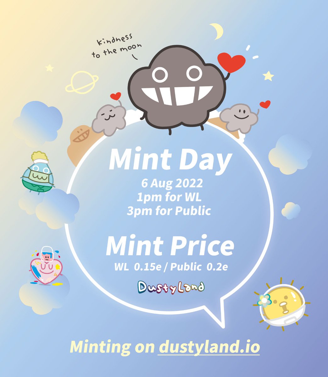 Drumroll...#DustyLand mint day will be on 6th Aug! First season will issue 2000 #NFTs and white list owners can #mint earlier at 1pm!

We are connecting all the kind people in this planet. Save the link dustyland.io for minting❤️DC - bit.ly/dk-discord