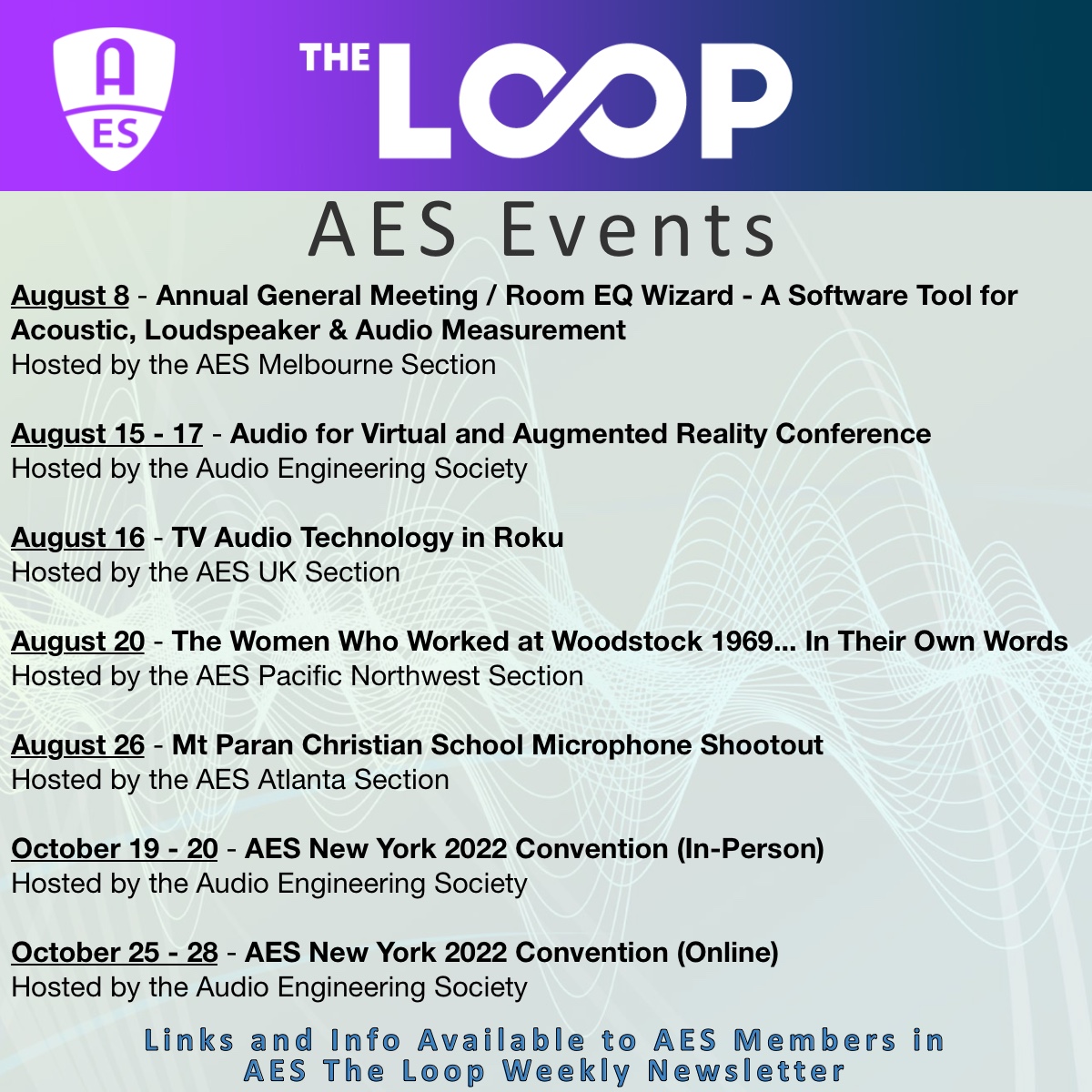 AESorg's tweet photo. Coming-Up in AES Events - Join Us! 
https://t.co/hmCUn4Kxgm

#AESorg #proaudio #audioengineer #audioengineers #audioengineering #AES_org #AESMembers #AudioEvents #AESEvents #AudioStudents #AESStudents #audio #PostProduction #AudioMesasurement #AESShow #VR #AR #XR #Roku https://t.co/ab9JIYWsCe