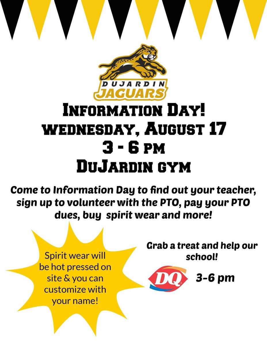 DuJardinPTO's tweet photo. It's August 1st &amp; officially back to school month! @D13Jaguars 
8/17: 3-6 pm - Information Day 
8/ 24: 2:30-3:30 pm - Meet the Teacher/Supply Drop Off
8/25 - 1st Day of School for 1st-5th
8/26 - Back to School Carnival - 5:30 - 7:30 pm
8/29 - 1st Day of School for Kindergarten https://t.co/g2D8cYHWea