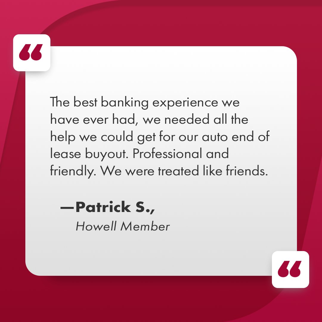 NJBanking's tweet photo. It's Member Testimonial Monday and we're always here to help with the lease buyout process - we'll do all the hard work for you! #mtm #creditunion #firstfinancial #leasebuyout #howell https://t.co/UCc3ldvLeu