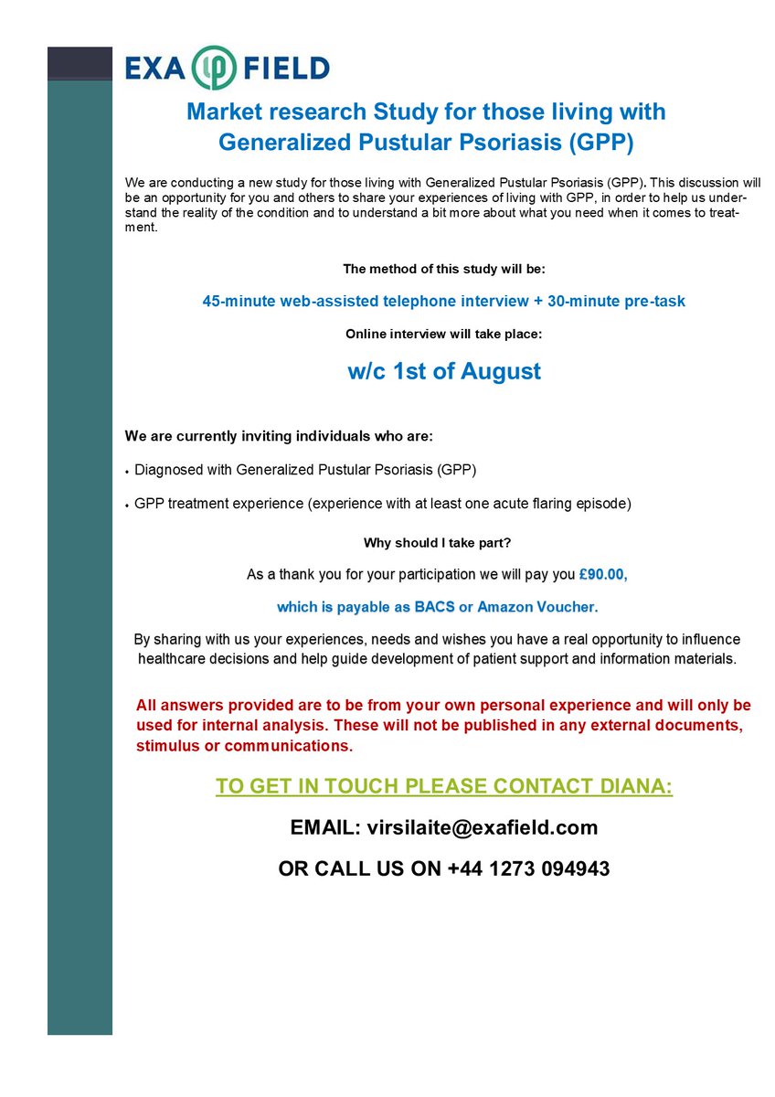 We are looking to speak to those living with Generalized Pustular Psoriasis (GPP) for a 45-minute discussion to understand more about your needs for treatment. If interested, please get in touch with virsilaite@exafield.com #GPP #psoriasis #PsoriasisAwarenessMonth #marketresearch