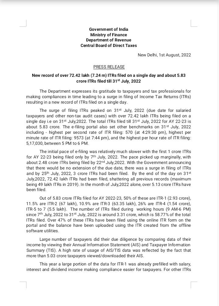 IncomeTaxIndia's tweet image. About 5.83 crore ITRs for AY 22-23 filed till 31st July, 2022. New record for Income Tax Department as over 72.42 lakh ITRs filed on a single day i.e on 31st July, 2022. 
The Department expresses gratitude to taxpayers/stakeholders for timely compliances.
pib.gov.in/PressReleaseIf…