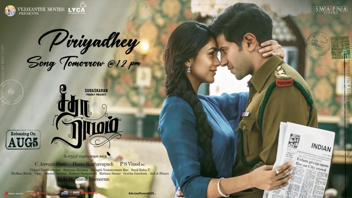 Malli_official's tweet photo. This song will melt your hearts! ❤
 
#Piriyadhey Lyrical Video from #SitaRamam tomorrow at 12 PM.

@dulQuer @mrunal0801 @iSumanth @iamRashmika @hanurpudi @Composer_Vishal @AshwiniDuttCh @VyjayanthiFilms @SwapnaCinema @LycaProductions @SonyMusicSouth @proyuvraaj

#SitaRamamOnAug5 https://t.co/WttTsTbN5E