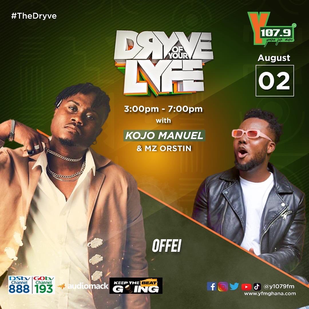CruxGlobal's tweet photo. Join @OffeiMusic , @dontkatchme & @IamGigzBeatz on the “The Dryve” segment on @Y1079FM tomorrow, 2nd August at 6:00pm.
Hosted by @KojoManuel & @MzOrstin .
#cruxagency #cruxglobal #music #thedryve #offei #haeven #gigzbeatz #radio #yfm https://t.co/nhaI6J0jsp