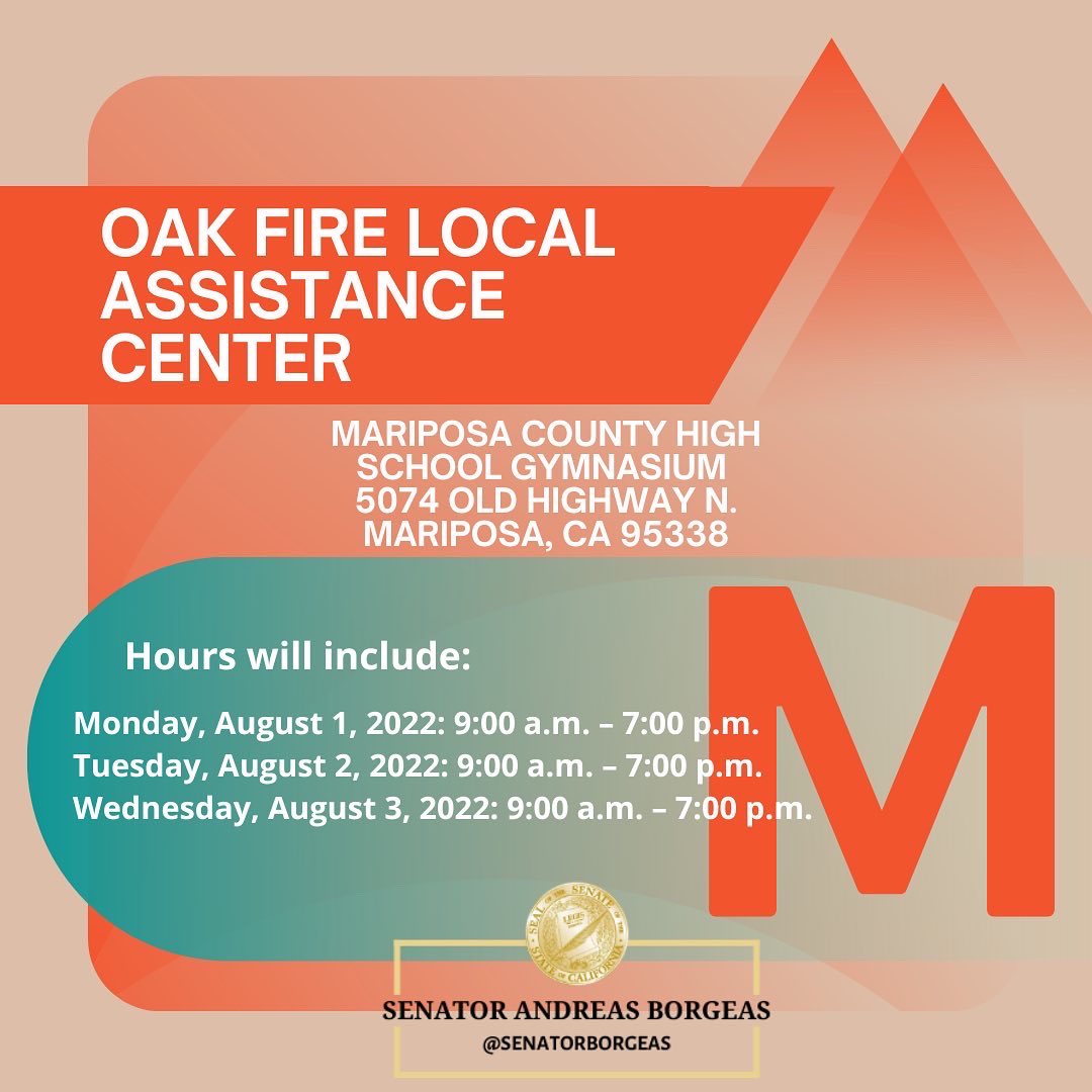 Starting today, Monday August 1, 2022, the California Office of Emergency Services is opening a Local Assistance Center to assist those impacted by the #OakFire in Mariposa County.

For more information regarding on-site agencies visit mariposacounty.org/2652/Local-Ass…