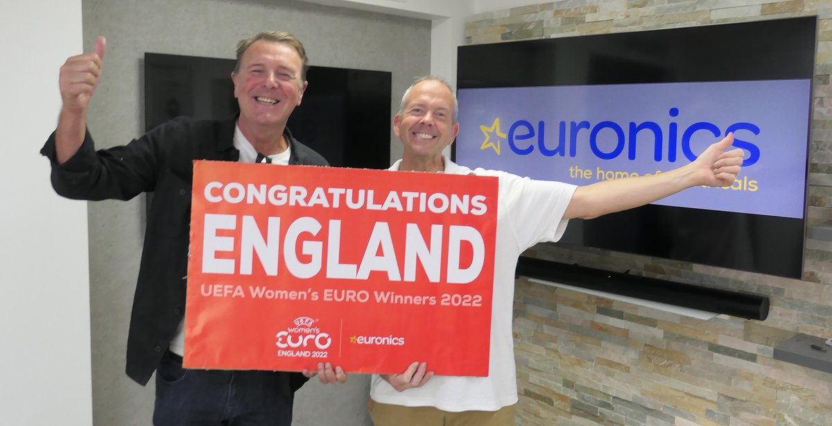 euronics_UK's tweet photo. What a day yesterday was! Even @philtufnell popped by 21st Century to celebrate. We're still absolutely gleaming from the result and immensely proud of our European champions 🏆 #UEFAWomensFootball #WomensEuro https://t.co/UO3cxL3x3r