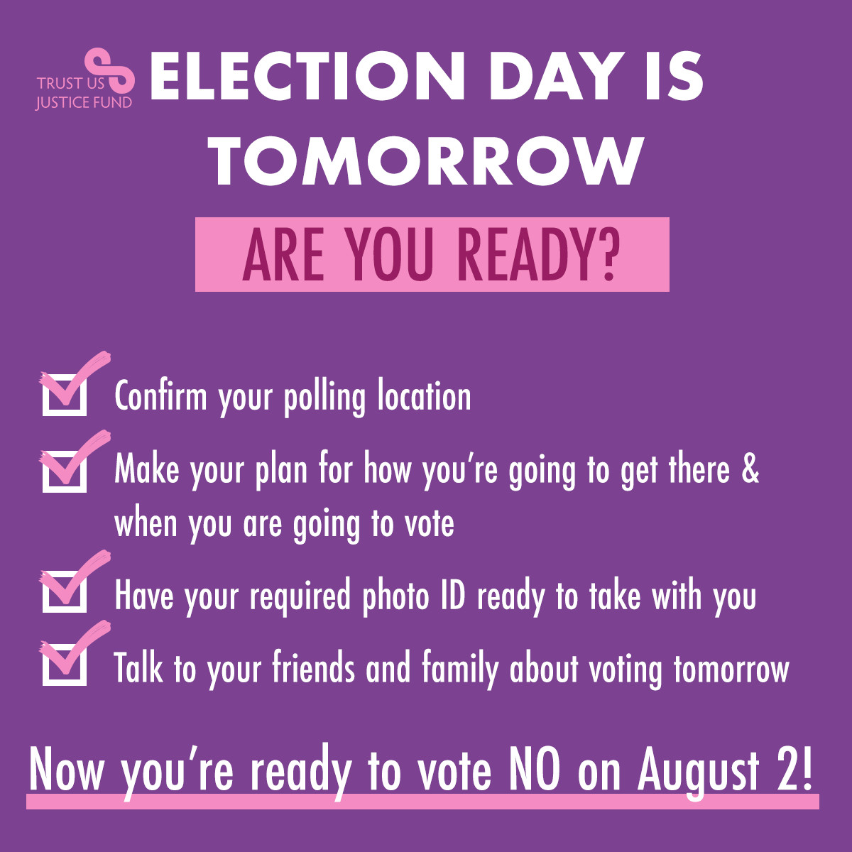 🔔1 day until the vote on the cruel anti-choice amendment Aug 2🔔

Vote NO today by finding your county’s early voting info by contacting your local election office &gt;&gt; bit.ly/3aKmL9y OR

#voteNOAug2 in person by finding your polling location &gt;&gt; ksvotes.org