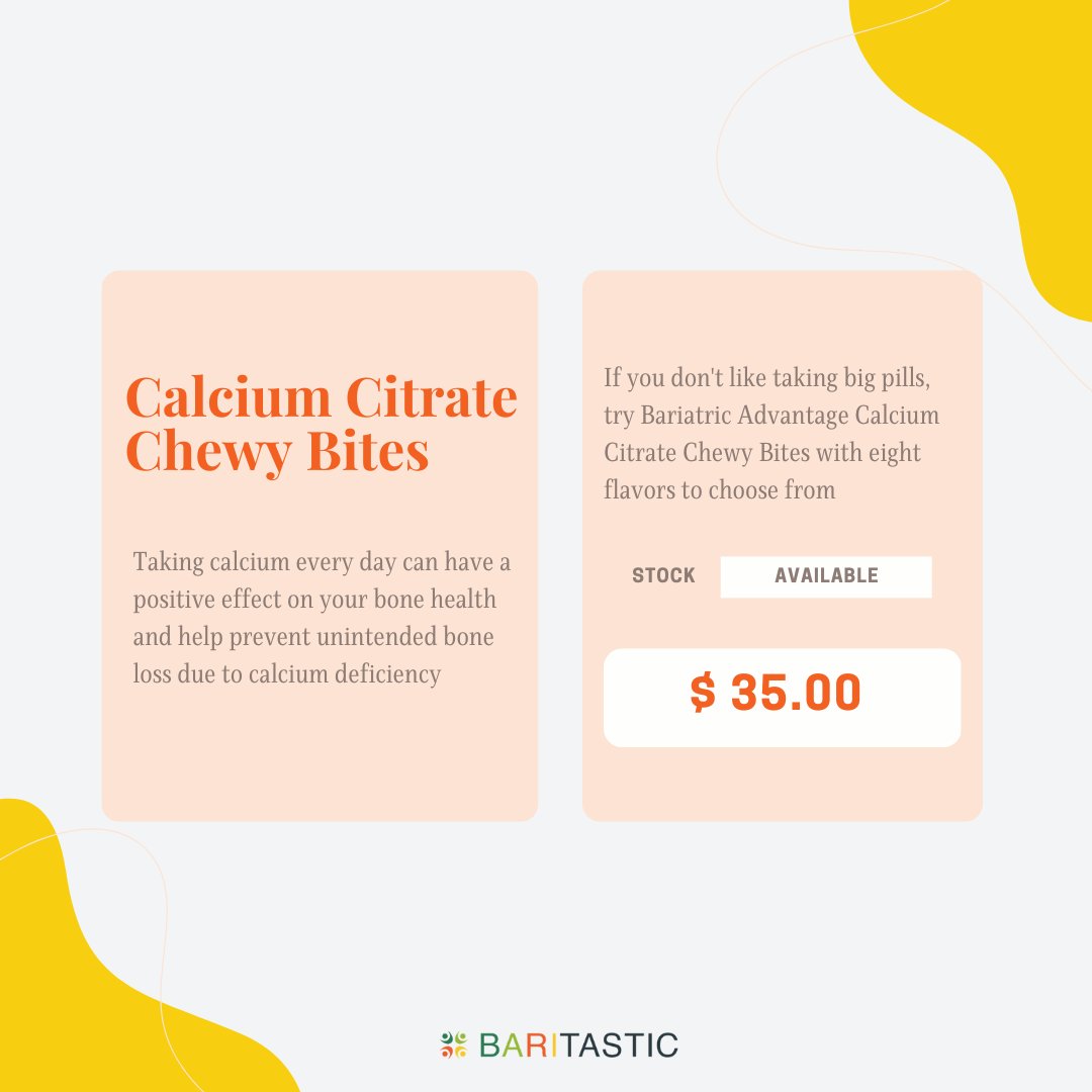 baritastic's tweet photo. Swallowing pills shortly after surgery can be difficult, which is why many bariatric programs recommend starting with chewables. For patients who prefer a chewable option, consider purchasing Bariatric Advantage Calcium Citrate Chewy Bites, available in 11 flavors. https://t.co/2ca7u4MYIX