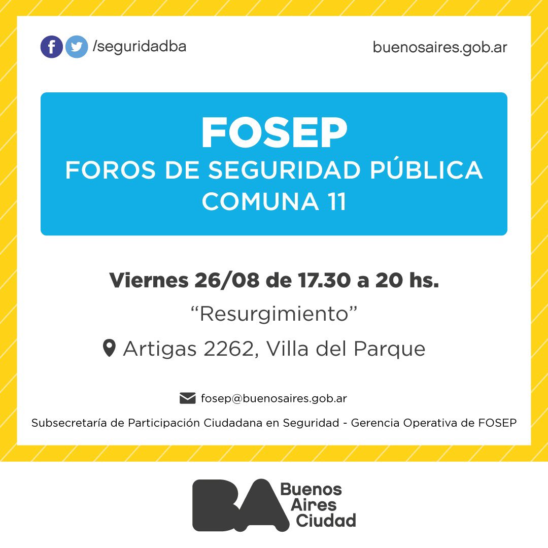 G11Noticias's tweet photo. Foro de seguridad pública en #Comuna11 el próximo 26 de agosto en #VillaDelParque https://t.co/UFb3VU0MaK