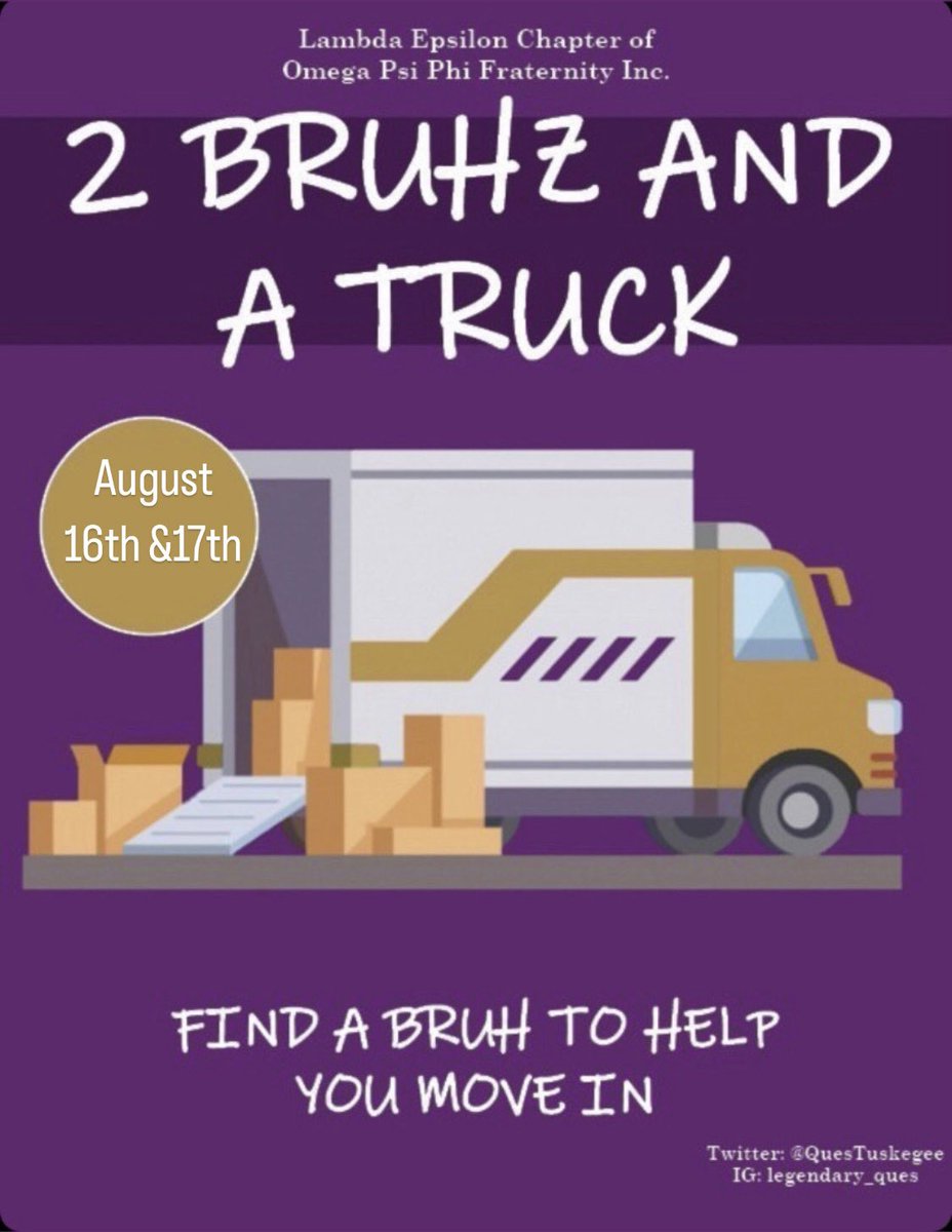 QuesTuskegee's tweet photo. Looking for some nice wholesome Omega men to help you move into your new home at Tuskegee? Have no fear Lambda Epsilon is here and will be on campus August 16th and 17th to help #TU26 move in! Find an Omega Man by reaching owt to our Instagram or Twitter page and ask for help!🚛 https://t.co/GNNm0Y8bKq
