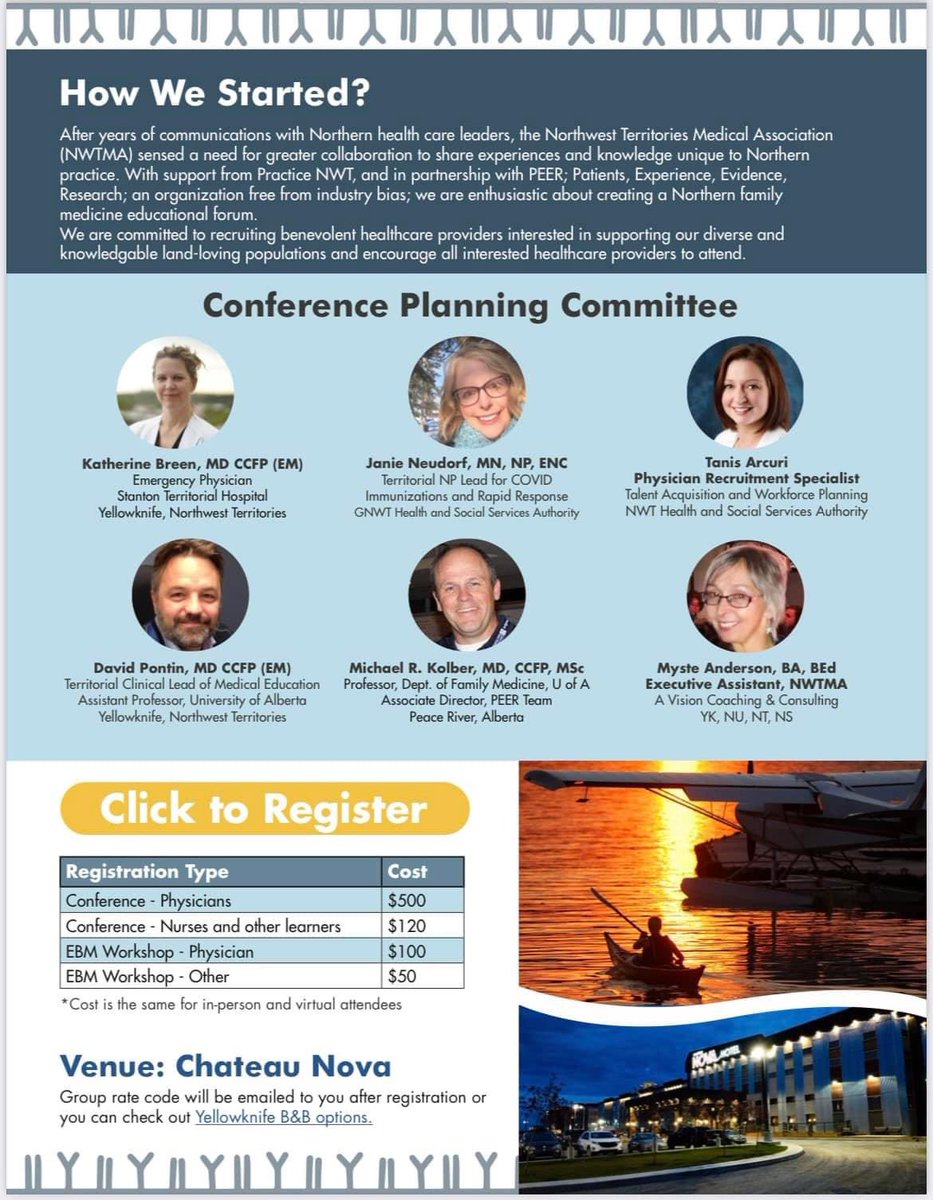 MDsnaidoo's tweet photo. Family Docs, Emerg Docs, Specialists with generalist interests, NP’s, Nurses, Allied Health: come check out our Northern Medical Conference in Yellowknife Sept 22-24! 

Register before August 15 for a chance to win a flightseeing tour of Yellowknife. 🙂

https://t.co/KiJlvfAHam https://t.co/ttkAK1sikl