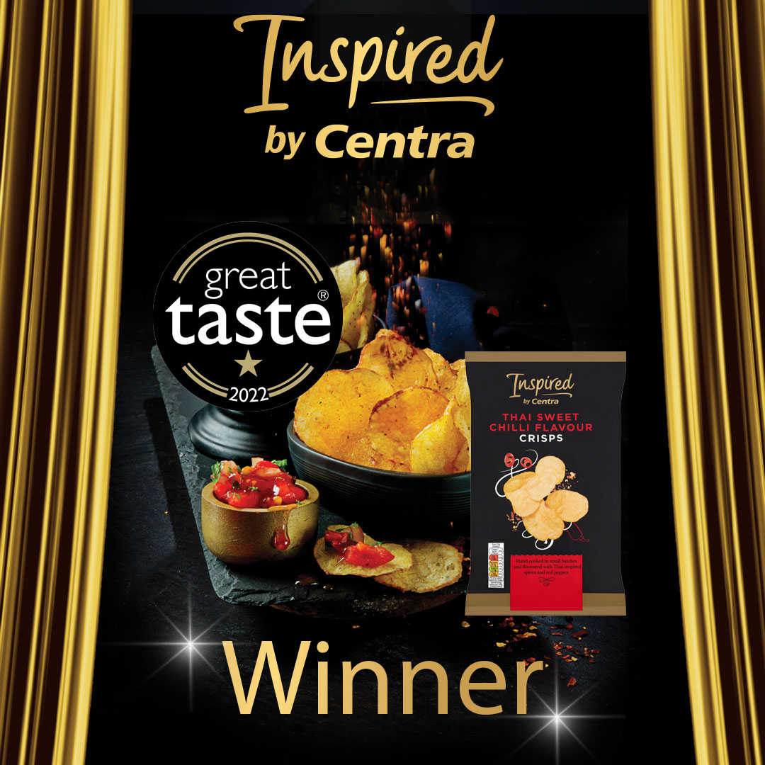 CentraIRL's tweet photo. ⭐️Winner ⭐ 🥇
Our Inspired by Centra Thai Sweet Chilli Crisps has just won at the prestigious Great Taste Awards. 🙌
#ChooseCentra #QualityAndValue #GreatTasteAwards @guildoffinefood https://t.co/tSCpOR1TW7