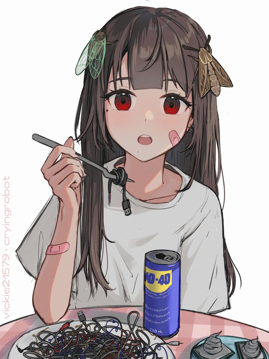 1girl solo can red eyes bandaid fork long hair  illustration images