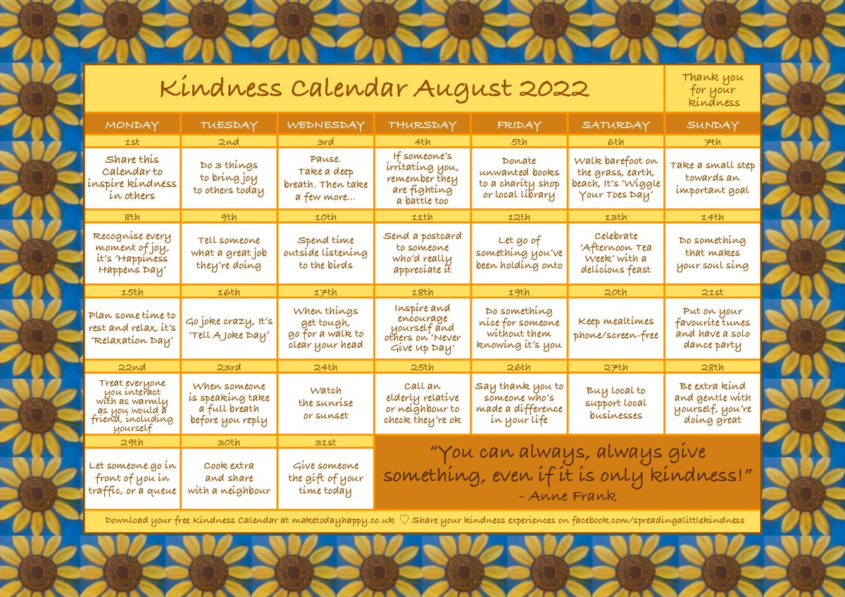 gcuwellbeing's tweet photo. As we move into August, we invite you to spead a little kindness this month. 

Have fun!

Thank you Make You Happy for this lovely calendar.

#gcustudents #studentwellbeing #kindness https://t.co/mJZQtDoOqI