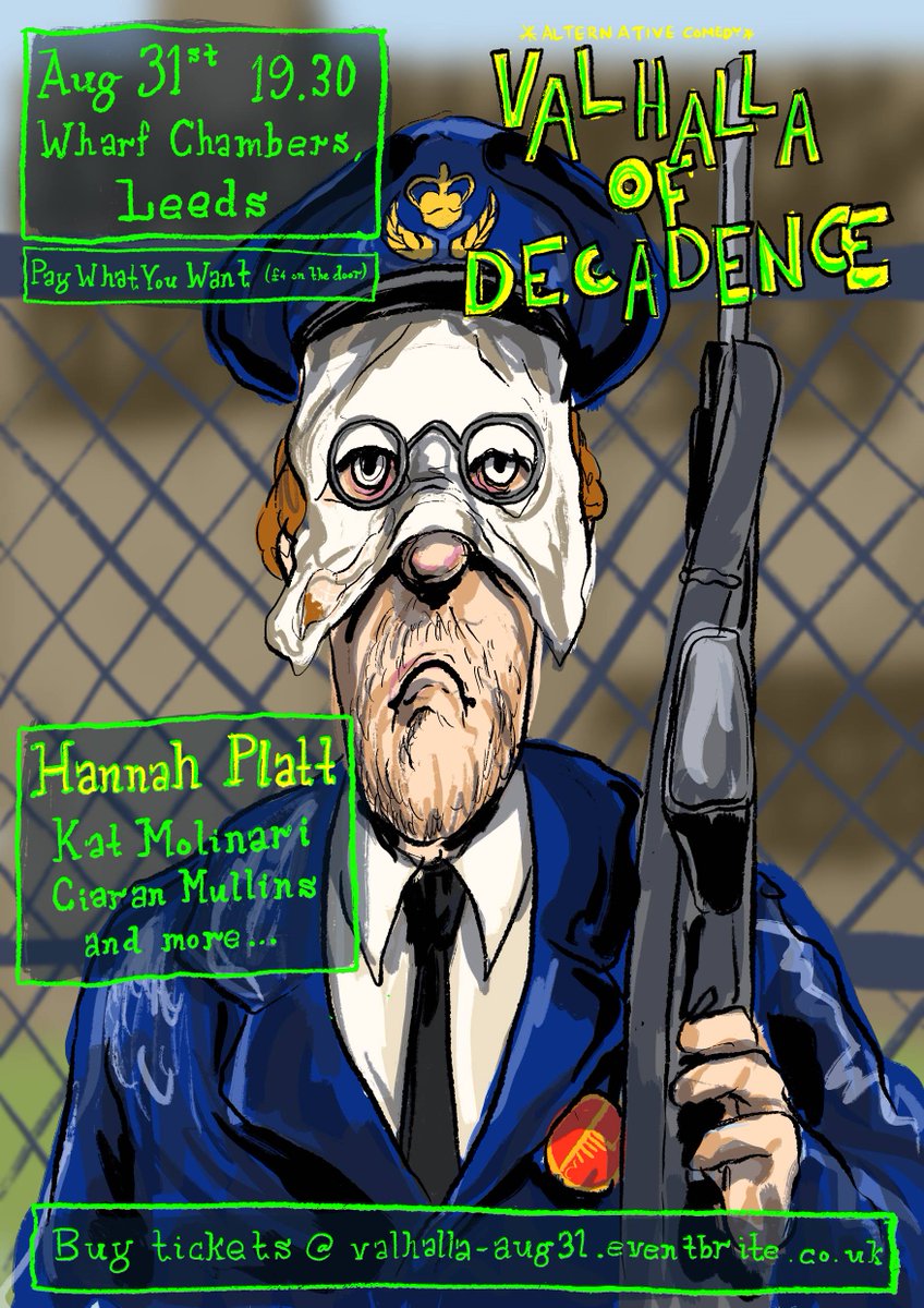 New poster &amp; killer lineup alert for this month's Valhalla of Decadence. We've got <a href="/hannahtheplatt/">hannah platt</a>, @katmolinari_, and <a href="/ciamullins/">ciaran mullins</a> being weird and wonderful, all for whatever the hell you wanna pay (or £4 on the door). Aug 31st, <a href="/WharfChambersCC/">Wharf Chambers</a>
valhalla-aug31.eventbrite.co.uk