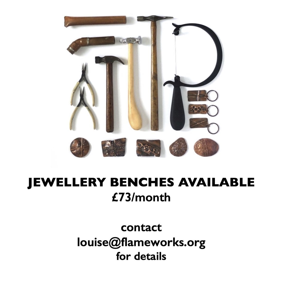 Flameworks (@flameworks1) on Twitter photo We currently have a jewellery bench becoming available in September. Please contact Louise for more information! louise@flameworks.org We currently have a jewellery bench becoming available in September. Please contact Louise for more information! louise@flameworks.org