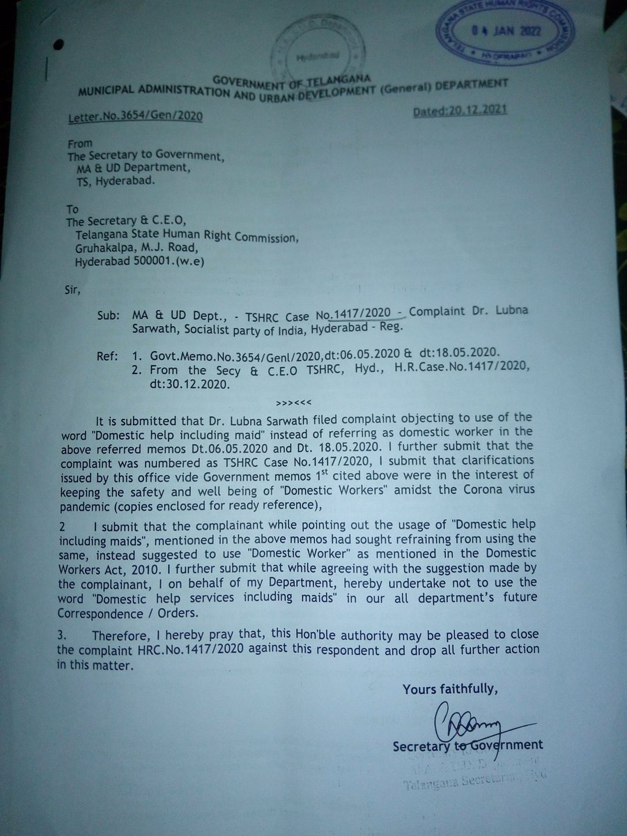 LubnaSarwath's tweet photo. Complainant Dr Lubna Sarwath appreciates @arvindkumar_ias @MinisterKTR for stating to TSHRC that 'while agreeing with suggestion made by complainant, I on behalf on my department, hereby undertake not to use the word 'help, maids' in our all dept's future correspondence/orders.' https://t.co/6eV4W05D6B
