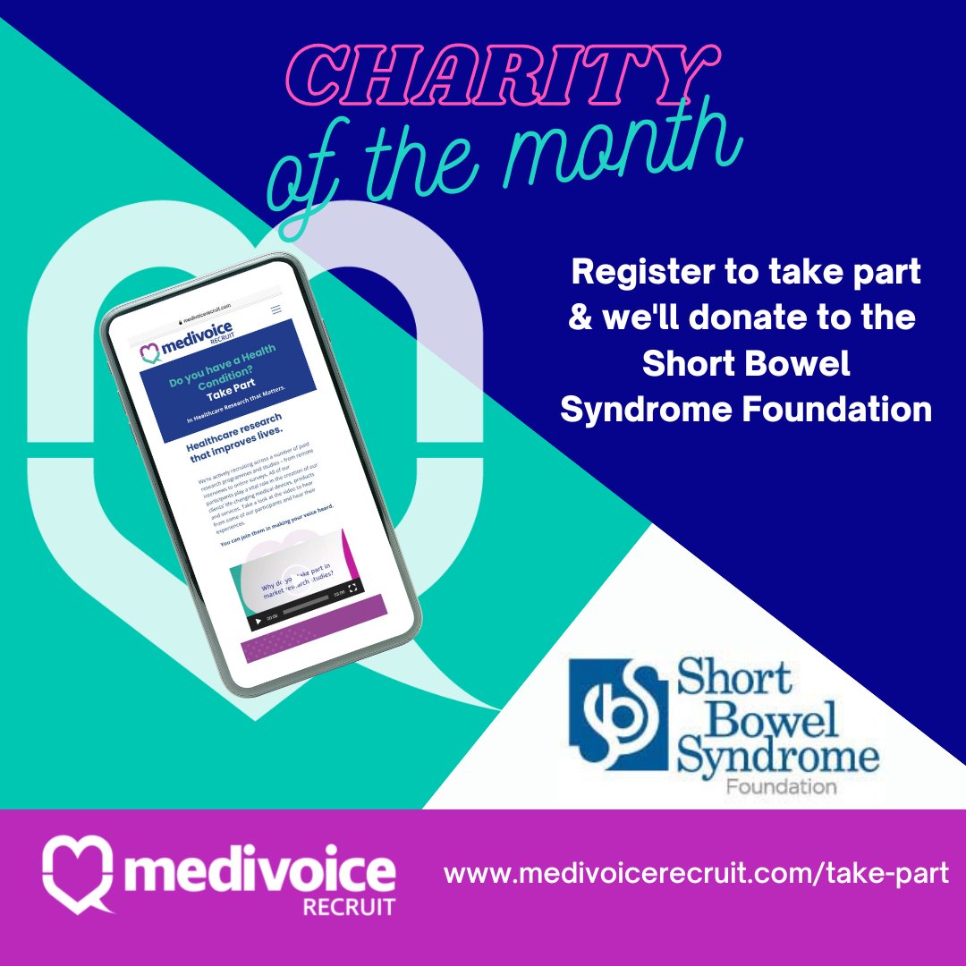 MediVRecruit's tweet photo. Can you help us raise money for 
@shortbowelFND ?In honour of Short Bowel Syndrome Foundation month we'd like to donate £2 per person who registers to take part to SBSF. Visit https://t.co/shKIMc72bf #shortbowelsyndrome #paidmarketresearch #charity #takepart https://t.co/VeDPNr3HKM
