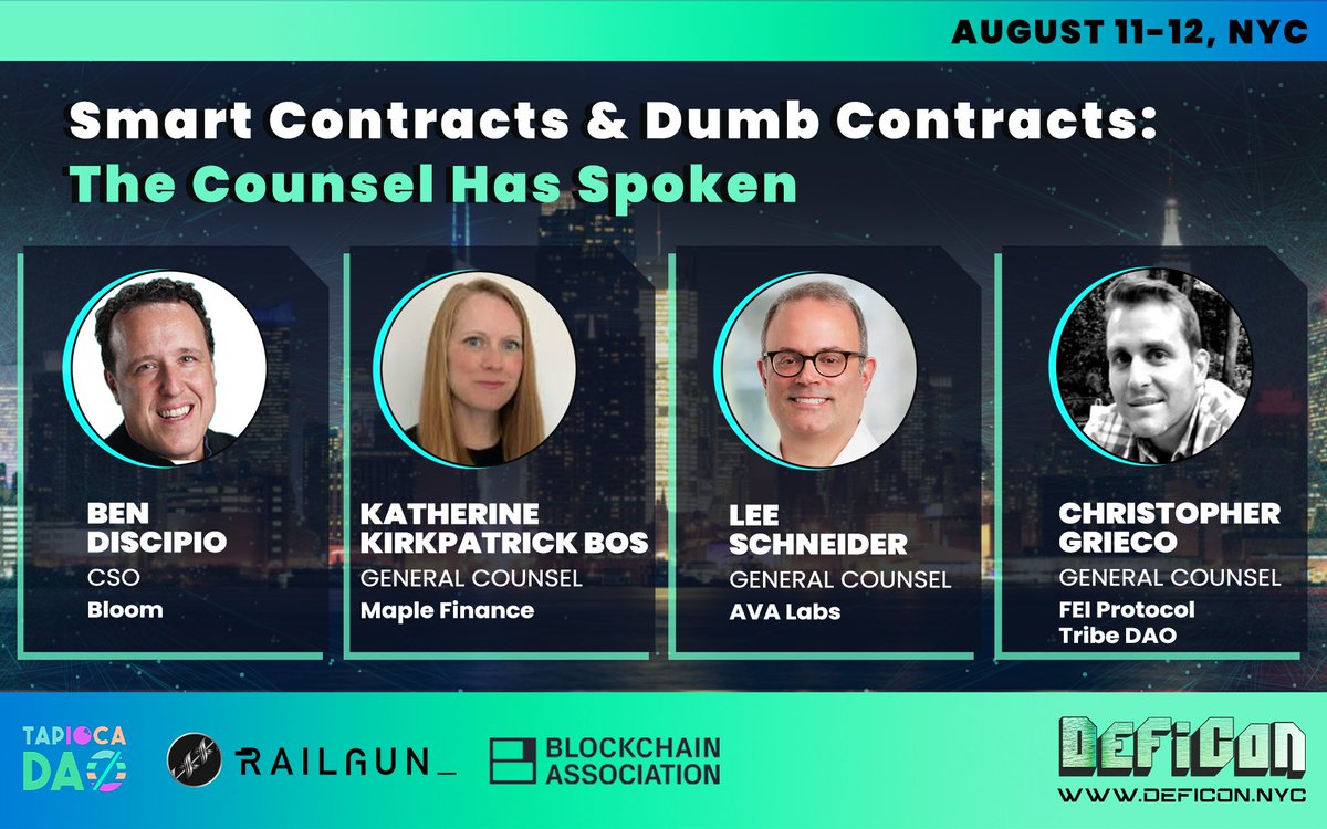 👩‍⚖️Understanding the intersection of crypto and law is vital in building sustainable DeFi products. Join us for a conversation with 4 foremost experts in this field, the CSO of <a href="/Bloom/">Bloom</a> and GCs from <a href="/maplefinance/">Maple</a>, @avalabsofficial, and <a href="/feiprotocol/">Fei Protocol</a>.

deficon.nyc/tickets/