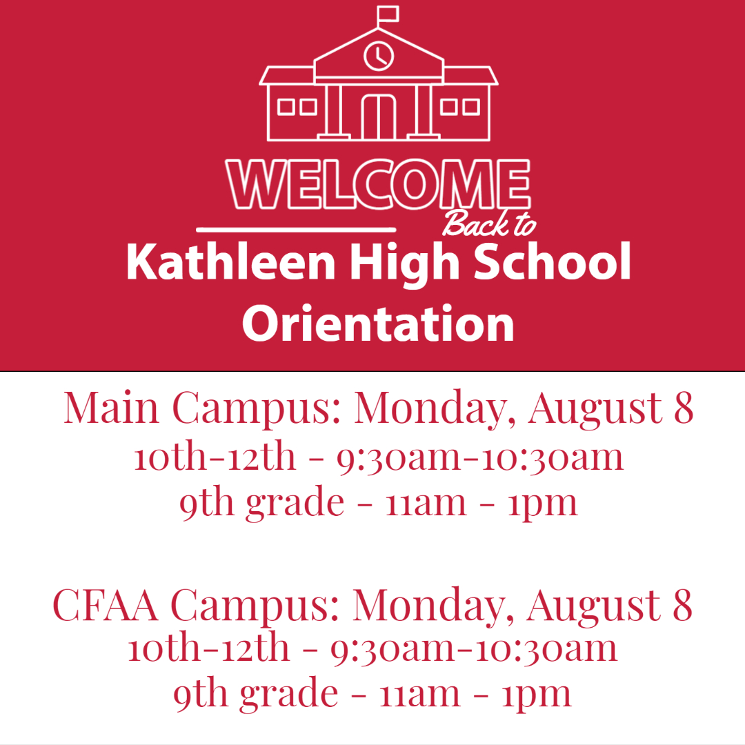 2022-2023 KHS Back to School Orientation
Monday, August 8
10th-12th grade: 9:30am-10:30am
9th grade: 11am - 1pm

Schedules will be available that day in Focus.