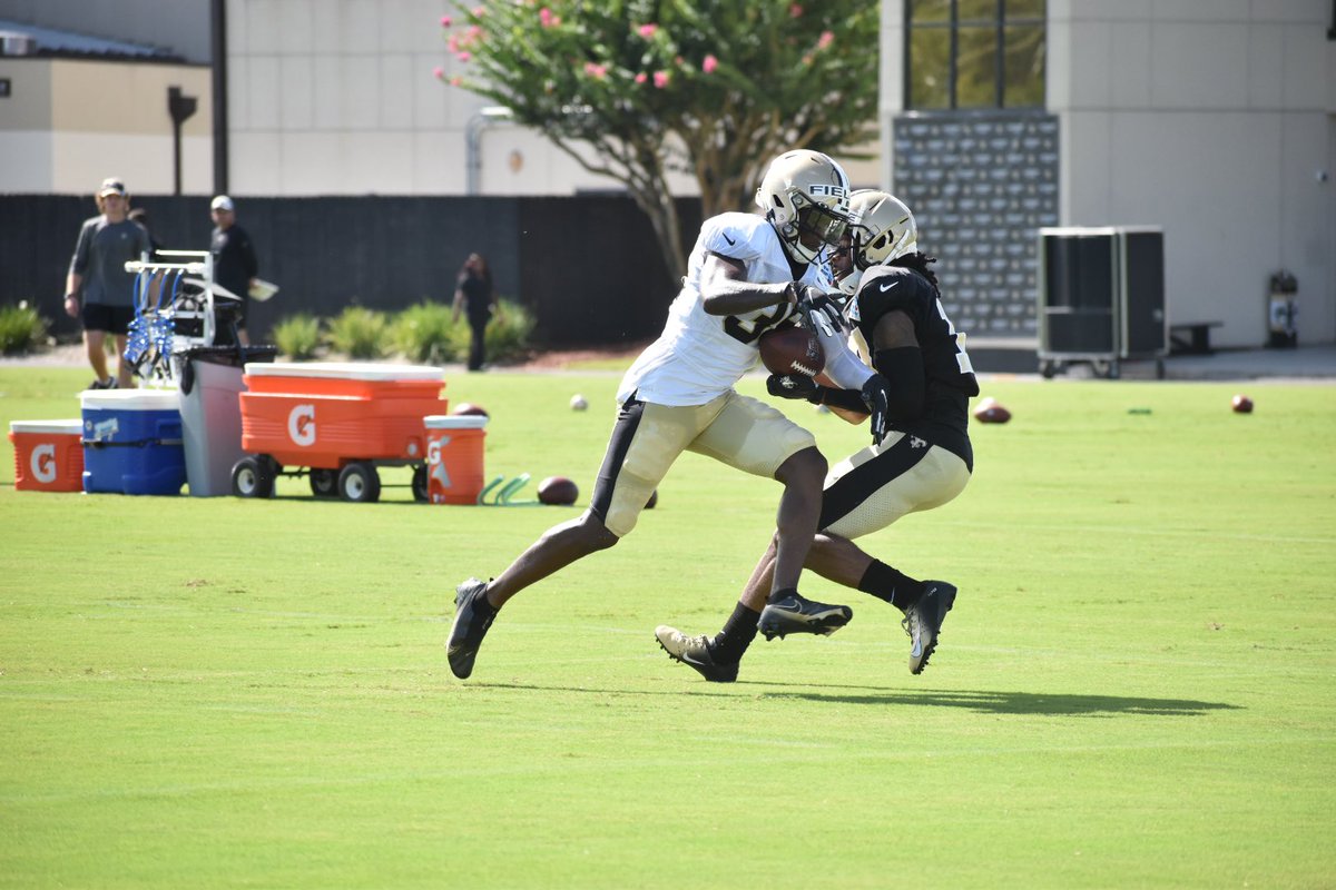 TalkCulotta's tweet photo. PICKPOCKETED! UDFA DaMarcus Fields out of Texas Tech steals the ball from WR Kevin White for an interception. #Saints  @BootKreweMedia https://t.co/F38nj32e4E