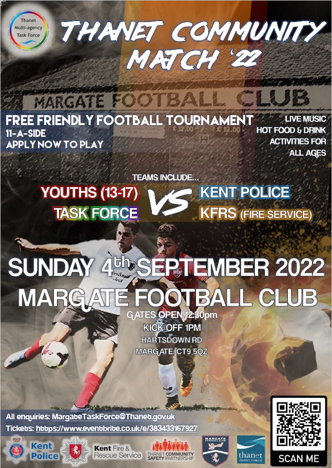 KentPoliceThan's tweet photo. ⚽️We are putting on our Thanet Community Football Match again this year on Sunday 4th September, with teams from Police, @kentfirerescue and @MTFThanet ready to play Thanet Youths!⚽️

If you would like to play or attend follow the link for FREE tickets...
https://t.co/McRurBHqEO https://t.co/ENp0qbxGXG