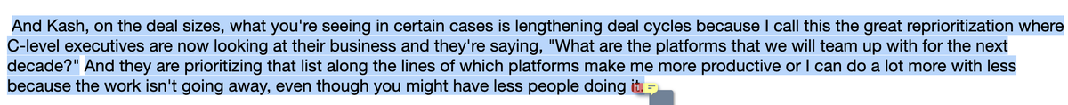 LongWayCapital's tweet image. If what McDermott says here tracks + they have a view into the prioritization with their customers, wouldn't this be the ideal environment to make an acquisition at the right price? Getting acquired by $NOW would be a win for many co's right now IMO.