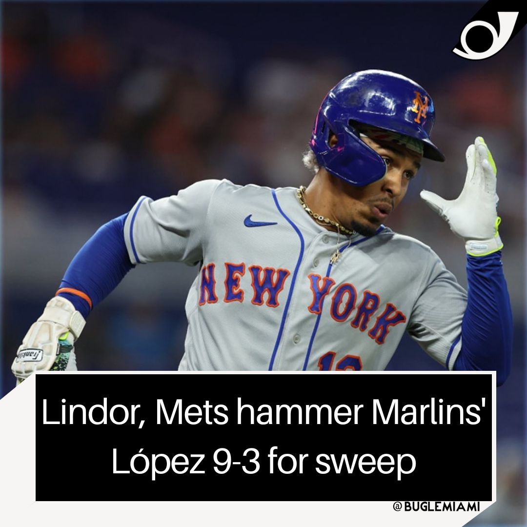 BugleMiami's tweet photo. #FranciscoLindor had three hits and the New York Mets pounded trade deadline target Pablo López, beating the #MiamiMarlins 9-3 Sunday to sweep their three-game series.

#BugleMiami #MiamiNews https://t.co/ZCeUB6ST6R
