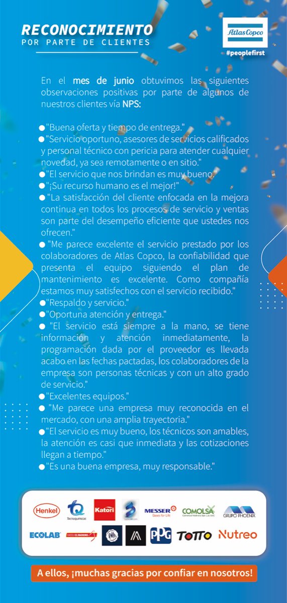 AtlasCopcoCol's tweet photo. Estos fueron los comentarios que recibimos por parte de algunos de nuestros clientes vía NPS, una encuesta que mide la satisfacción de clientes estándar de Atlas Copco a nivel mundial. 💙
¡Gracias a todos ellos por confiar en nosotros! 😀
#AtlasCopcoColombia #NPS https://t.co/7S88DuvWIx